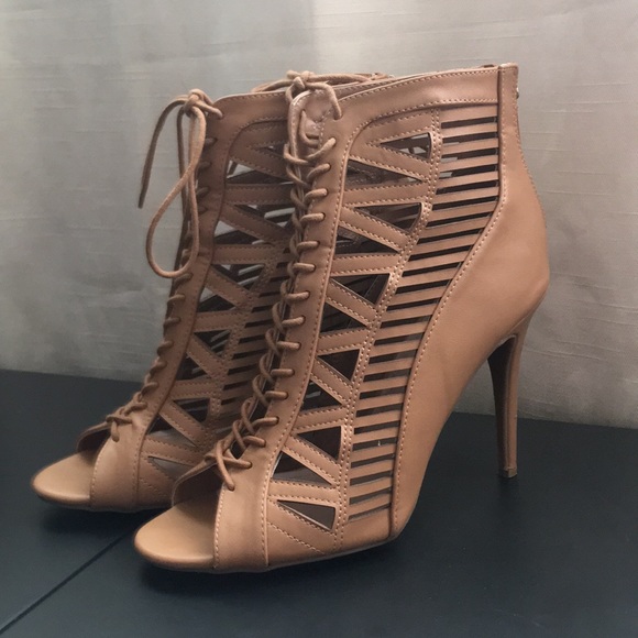 Anne Michelle Shoes - Laced Up Laser Cut Out Zip Closure Heels